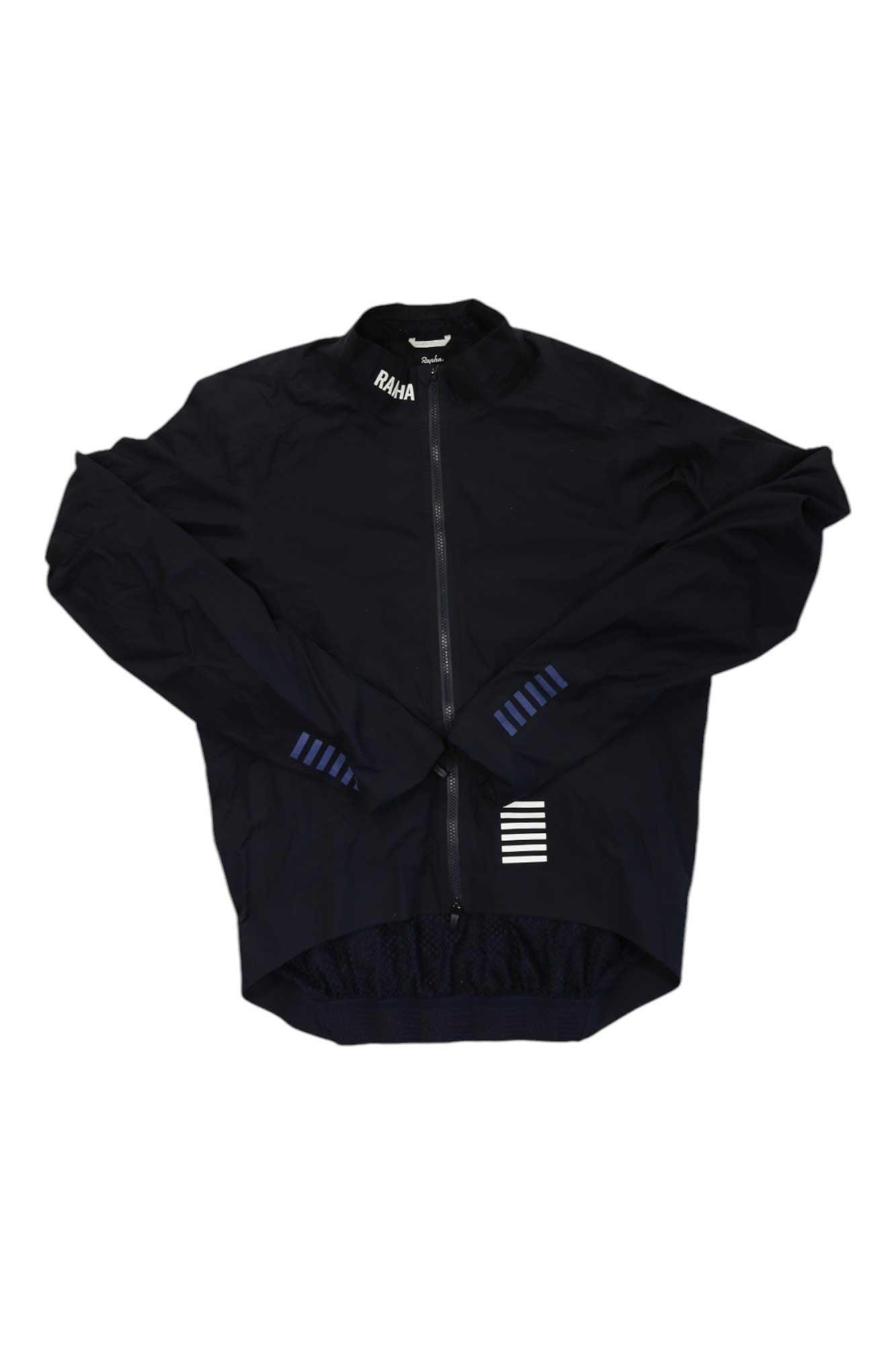 Men's insulated GORE-TEX rain jacket, navy, full zip front and striped cuffs
