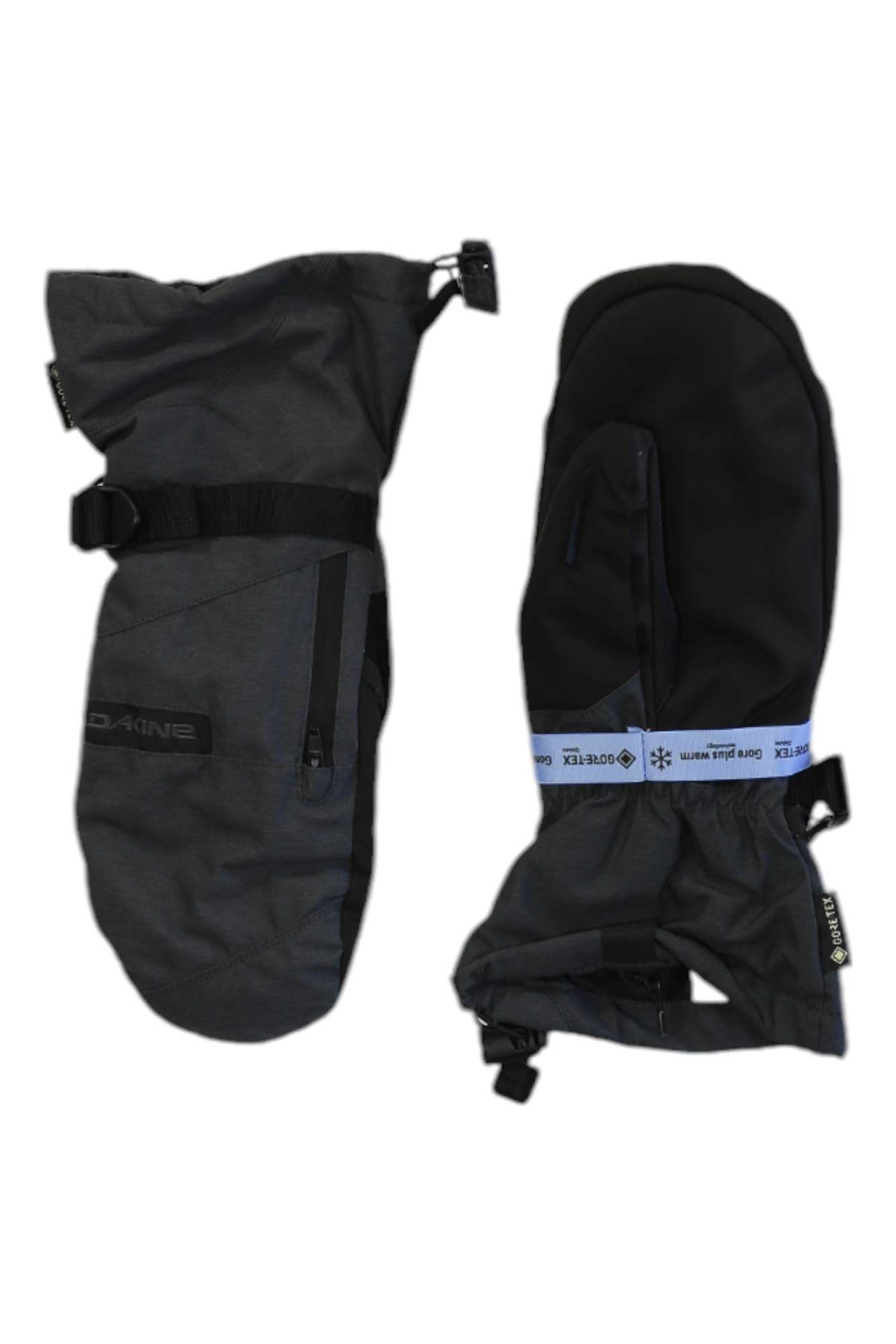 The Dakine Mens Titan GTX Mitt in black and dark gray features wrist straps and drawstring closures, shown from top and palm views, designed for cold weather activities.