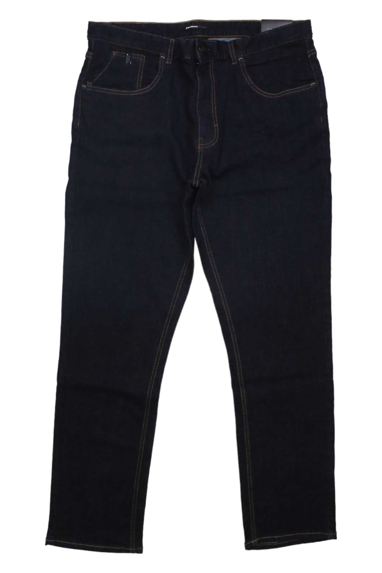 The Black Diamond Mens Crag Denim Pant in dark blue stretch denim is shown flat on a white background with front pockets, belt loops, and golden stitching—stylish and harness-compatible for climbing adventures.