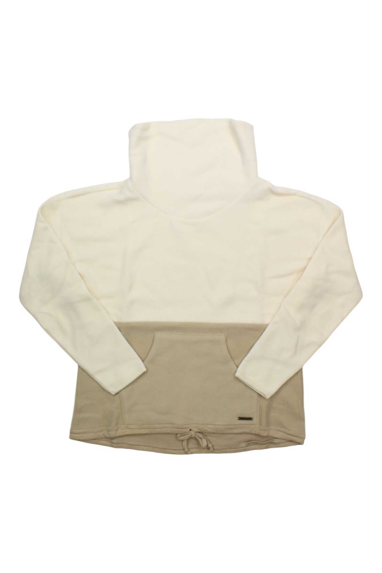 The Carve Designs Women's Rowayton Colorblock Cowl Neck is a relaxed fit pullover with long sleeves, off-white and light brown colorblocking, a front pocket, and an adjustable drawstring hem—ideal as a stylish hiking shirt.