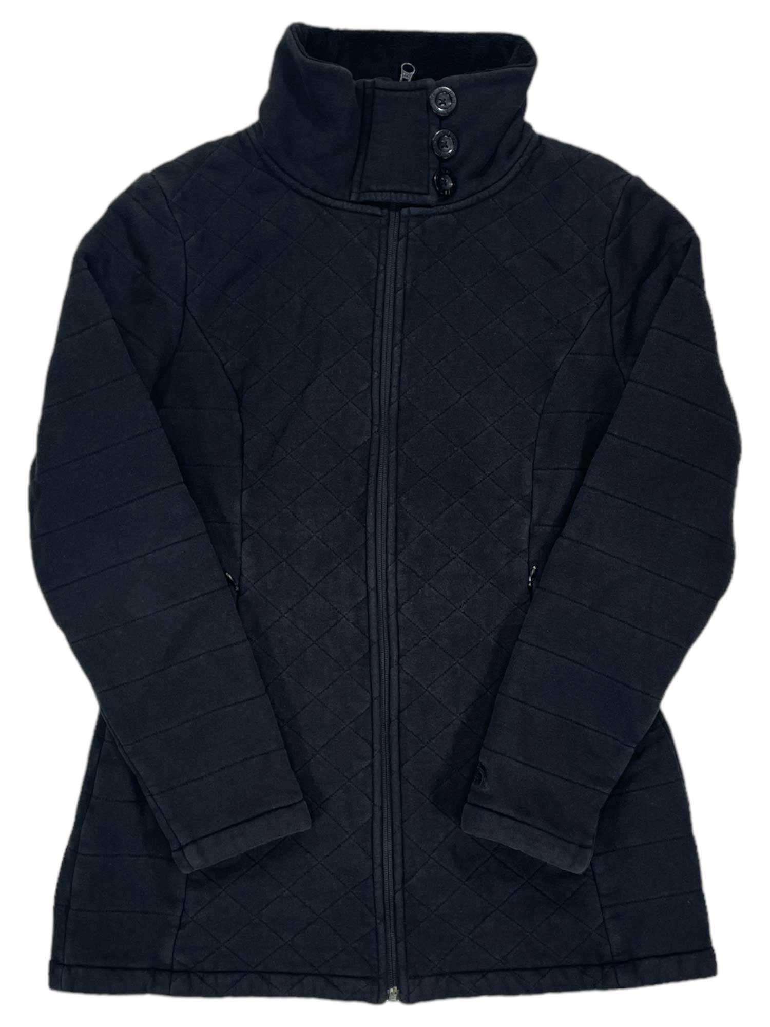 The Women's Caroluna Jacket is a black, fitted quilted jacket with a high collar, front zipper, three decorative top buttons, fleece lining, and two side pockets for warmth and style.