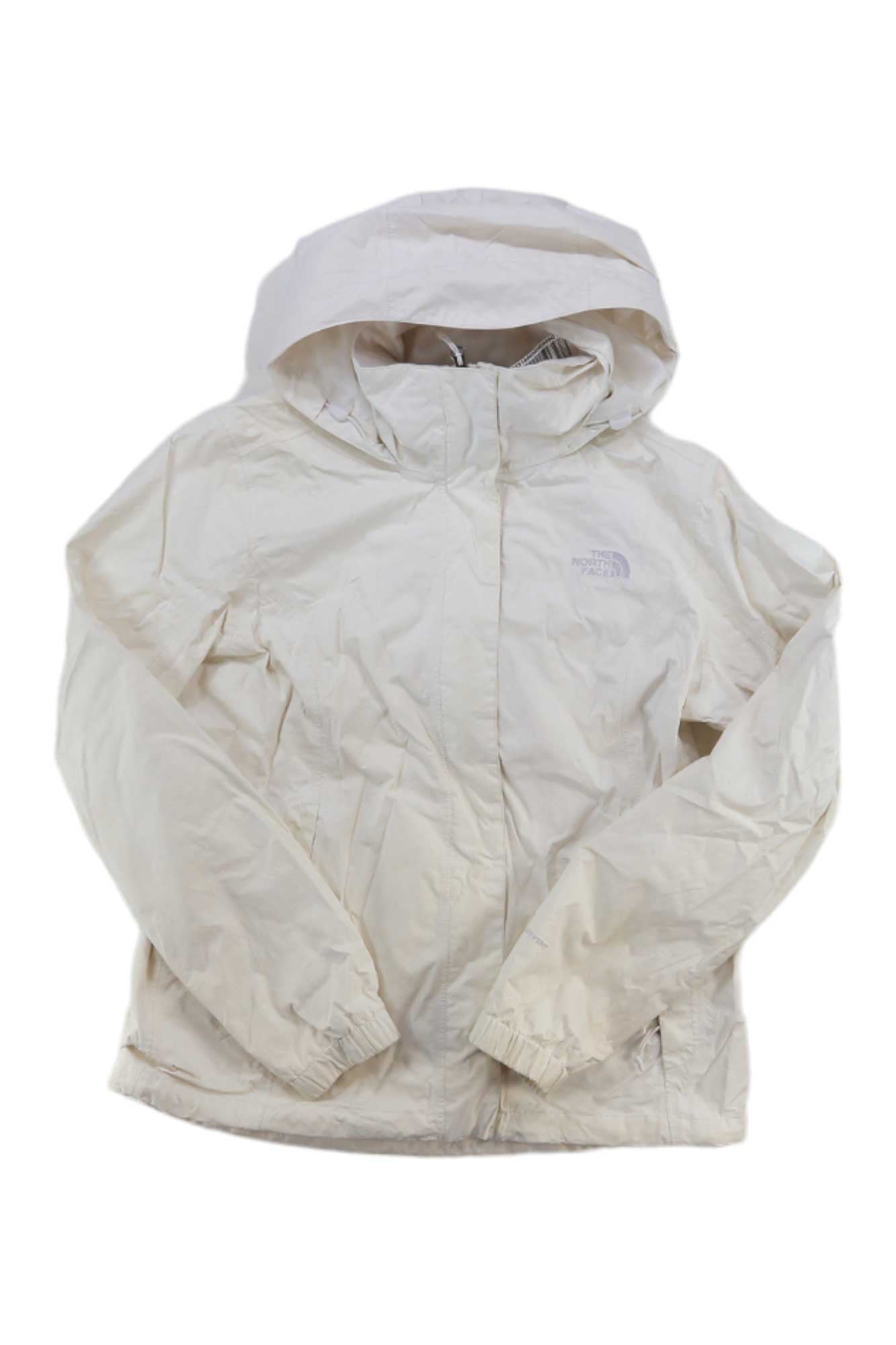 A light beige Women's Resolve 2 Rain Jacket by The North Face, featuring a hood, zip front, elastic cuffs, and DryVent technology for reliable waterproof protection. The logo is visible on the left chest against a white background.