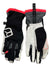 The Ortovox Womens Tour Glove is a pair of black, white, and gray mountaineering gloves with red trim, textured cuffs, water-resistant material, reinforced fingers, a logo on the back, and a hanging strap.