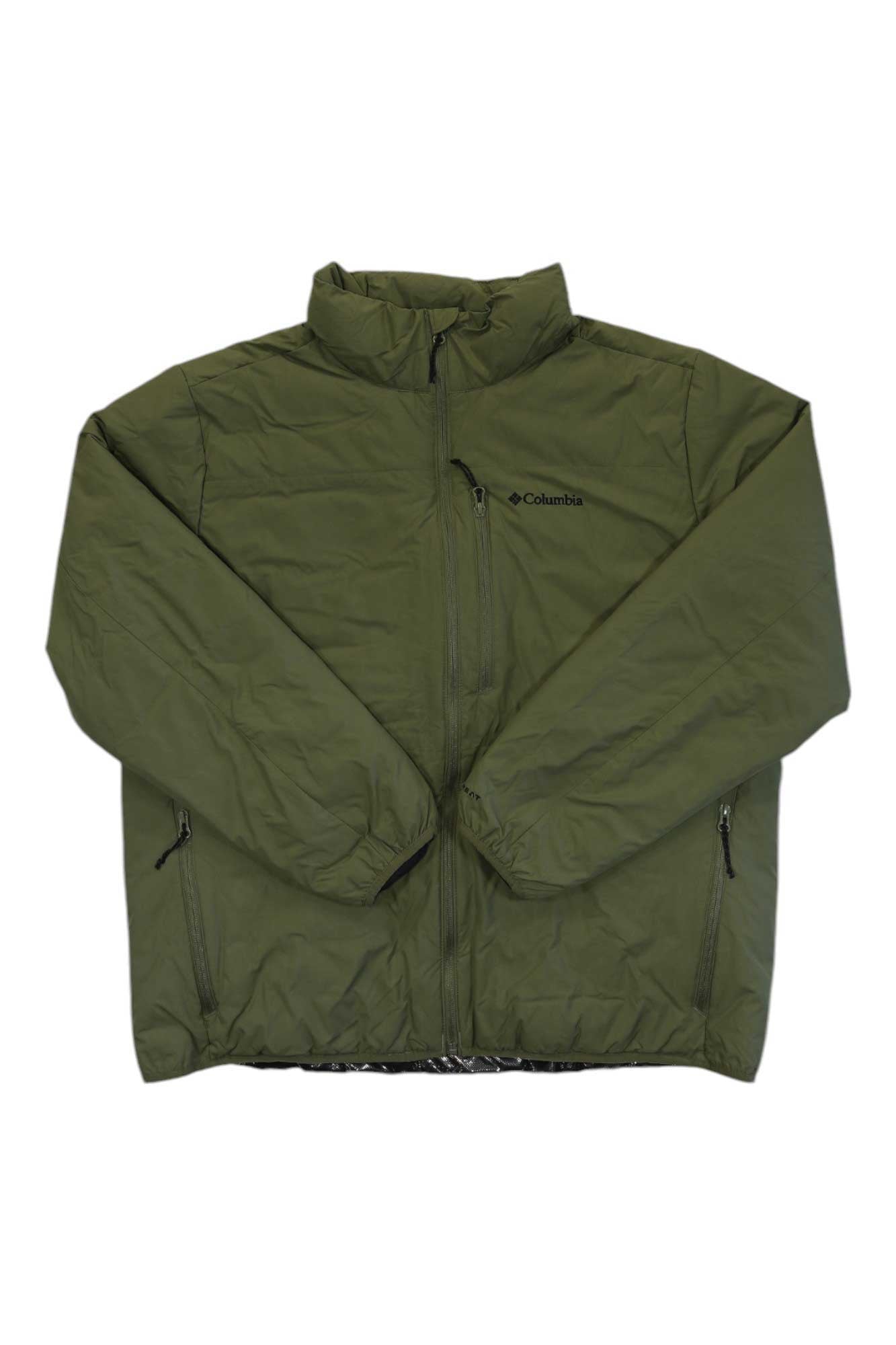 Men's insulated green jacket with stand collar, full zipper, zip pockets, drawstring hem