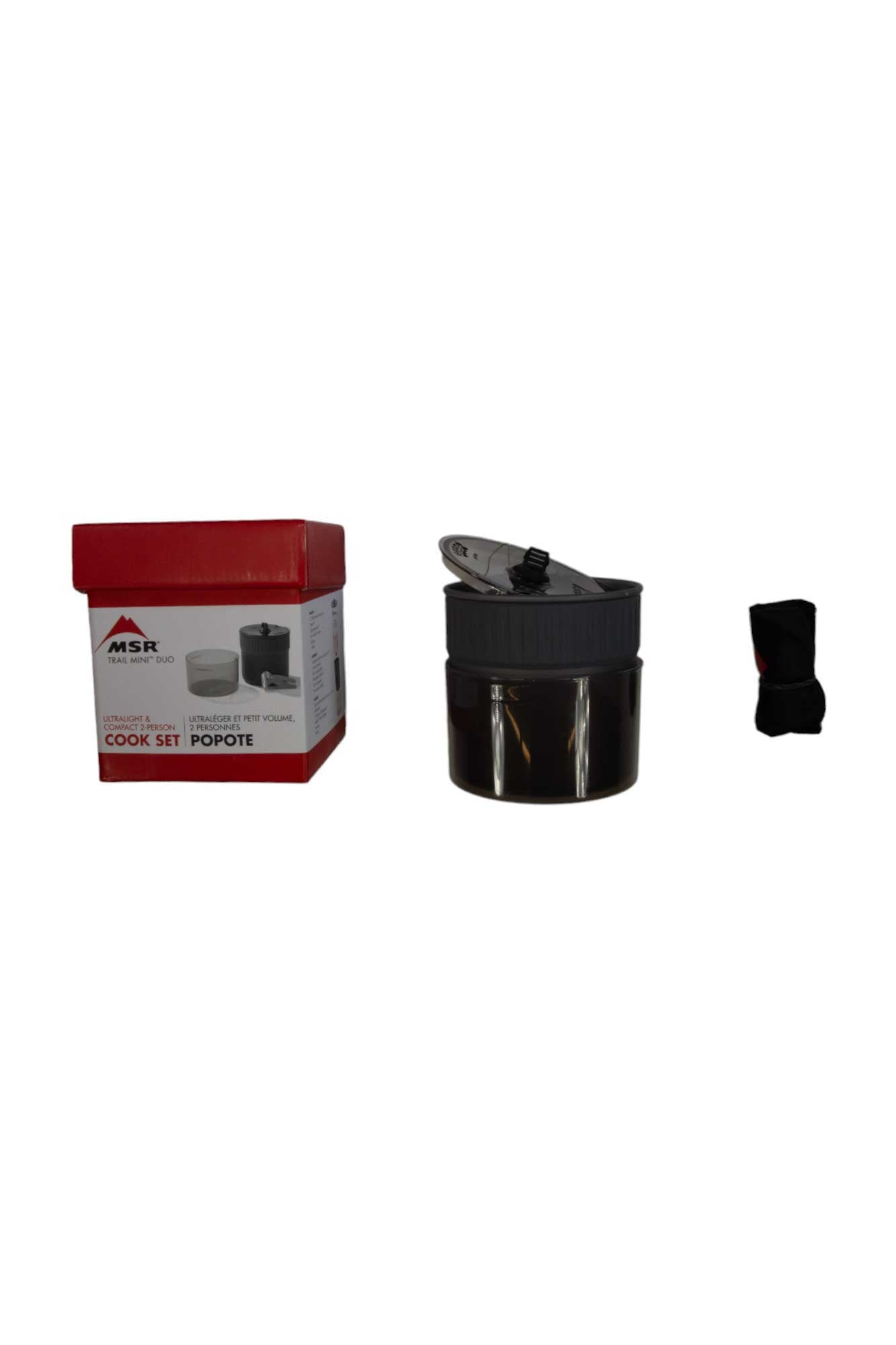 MSR Trail Mini Duo cookware set with metal pot, black lid, and storage bag