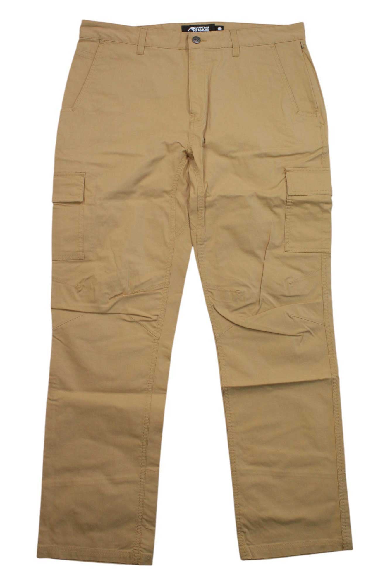 Men's tan cargo pants with side cargo pockets, button fly, belt loops