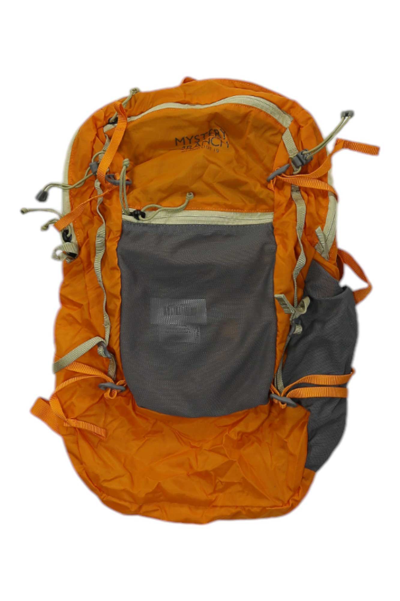 Orange Mystery Ranch In and Out 19 backpack with front zip pocket and webbing straps