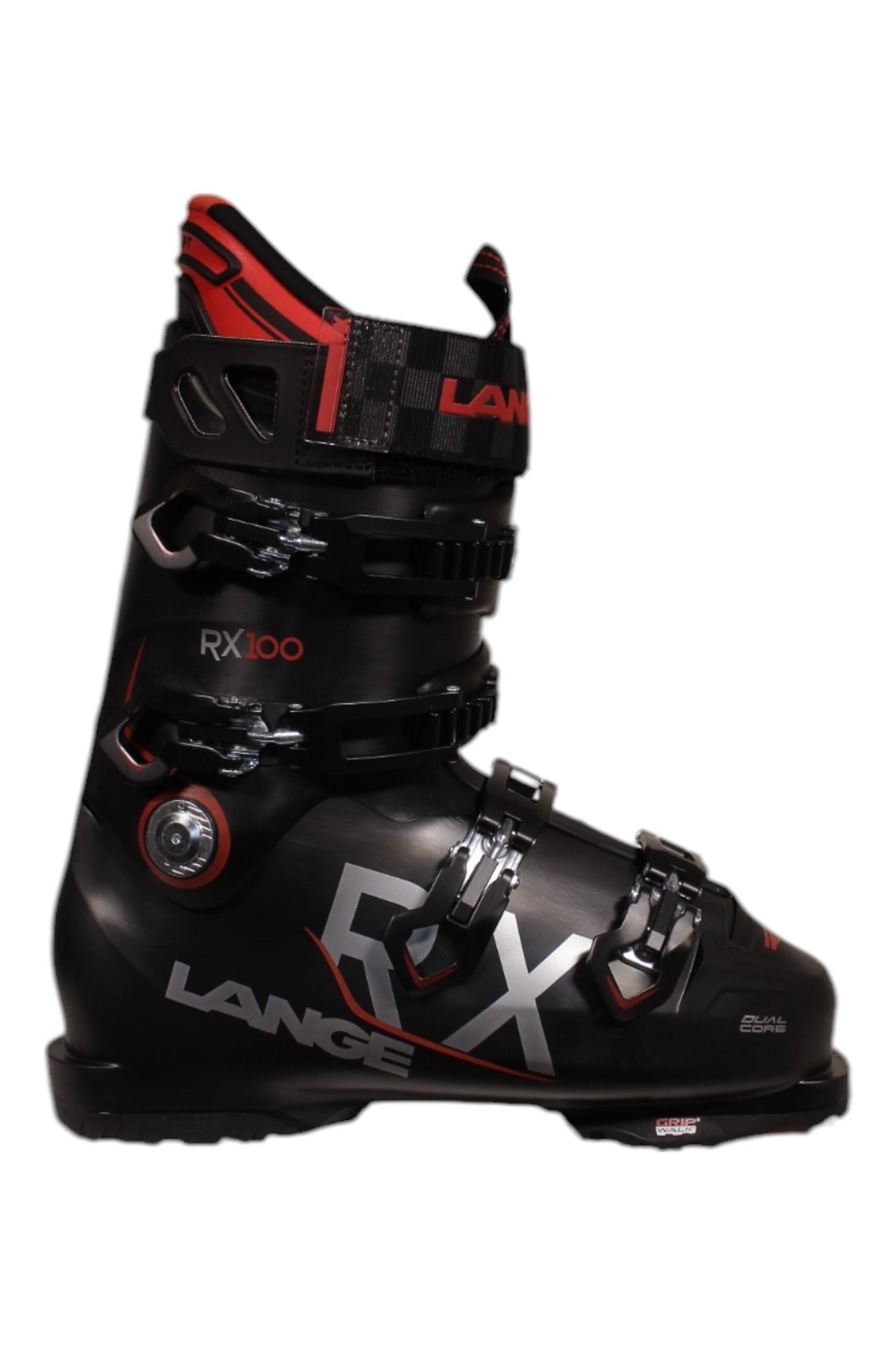 The Lange RX 100 GW Ski Boot is shown in black with red accents, four buckles, a top power strap, and white and red branding on the side—all displayed in a side view on a white background. Perfect for all-mountain ski boot enthusiasts.