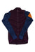The Rapha Women's Pro Team Long Sleeve Training Jersey features a maroon body, dark blue sleeves, and an orange patch on the upper left arm—ideal for your next ride—shown against a white background.