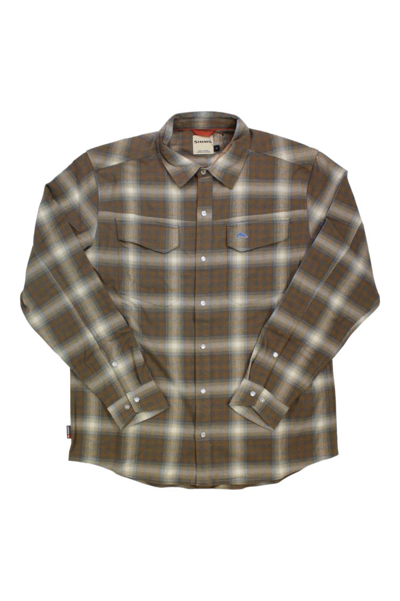 The Simms Men's Gallatin Flannel LS Shirt is a plaid, button-up long sleeve in brown, beige, and gray with two chest pockets and white buttons, displayed flat on a white background.