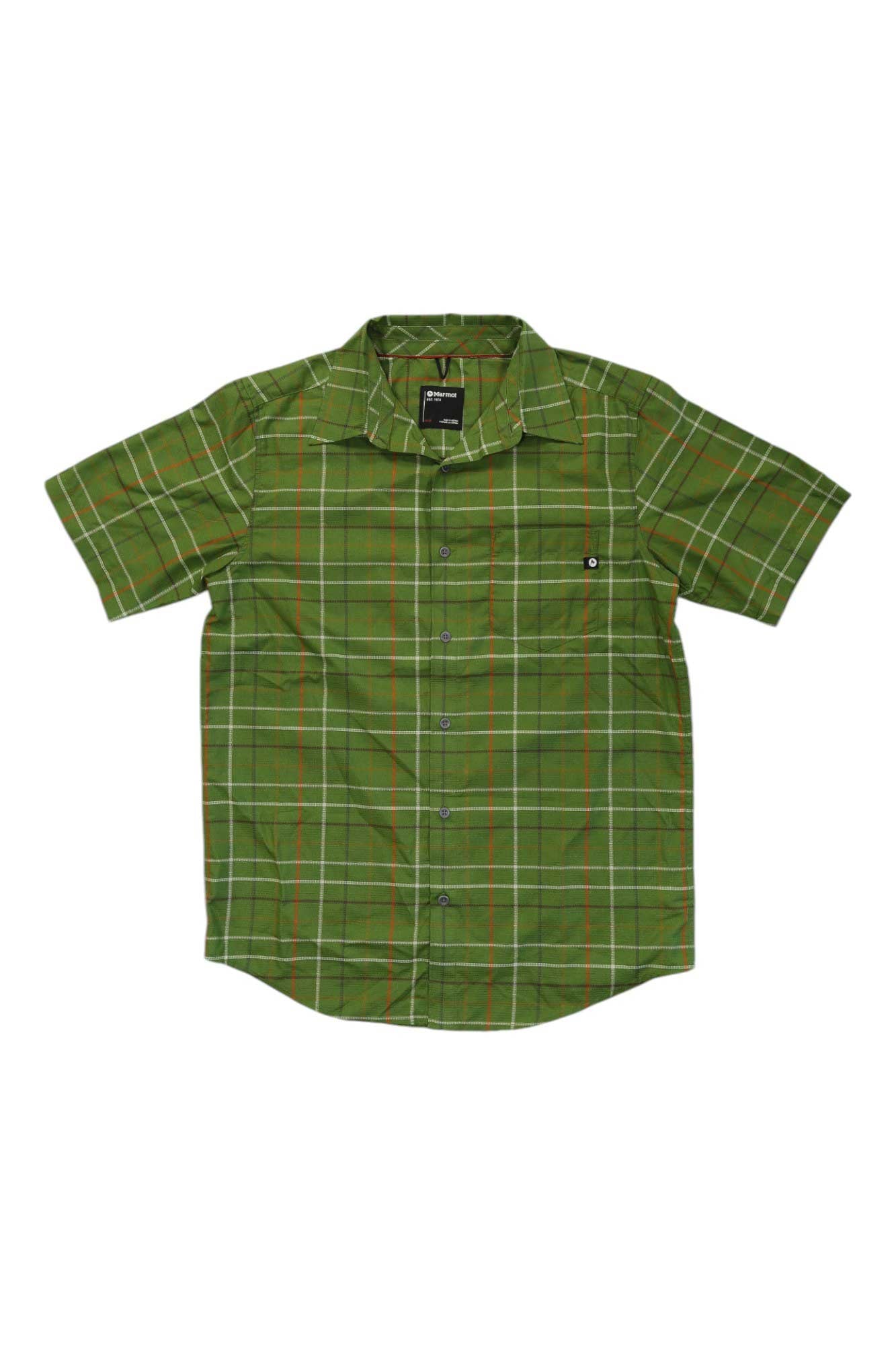 The Patagonia Womens Regenerative Organic Certified Cotton Essential Top is a short-sleeved, button-up shirt with a green base, white and orange plaid pattern, and a functional front chest pocket.