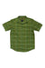 The Patagonia Womens Regenerative Organic Certified Cotton Essential Top is a short-sleeved, button-up shirt with a green base, white and orange plaid pattern, and a functional front chest pocket.