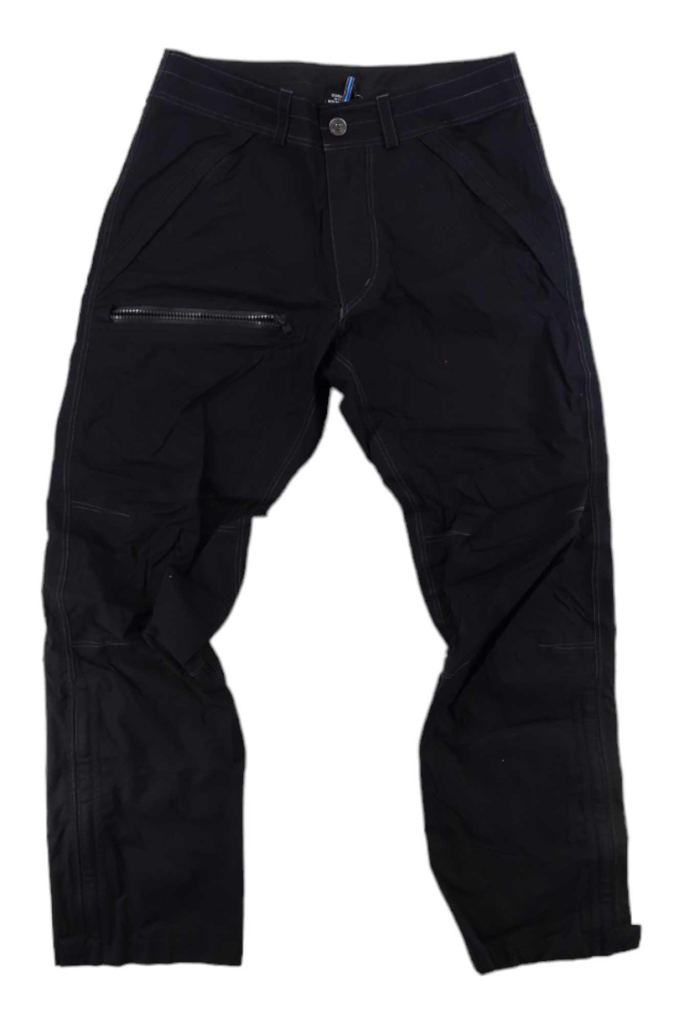 Kuhl Mens Shell Hiking Pants, featuring a front button and zip closure, angled side pockets, and a horizontal zippered pocket on the left thigh, are water-resistant and displayed on a white background.