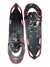 Red and dark blue snowshoes with black bindings and metal toe and heel plates
