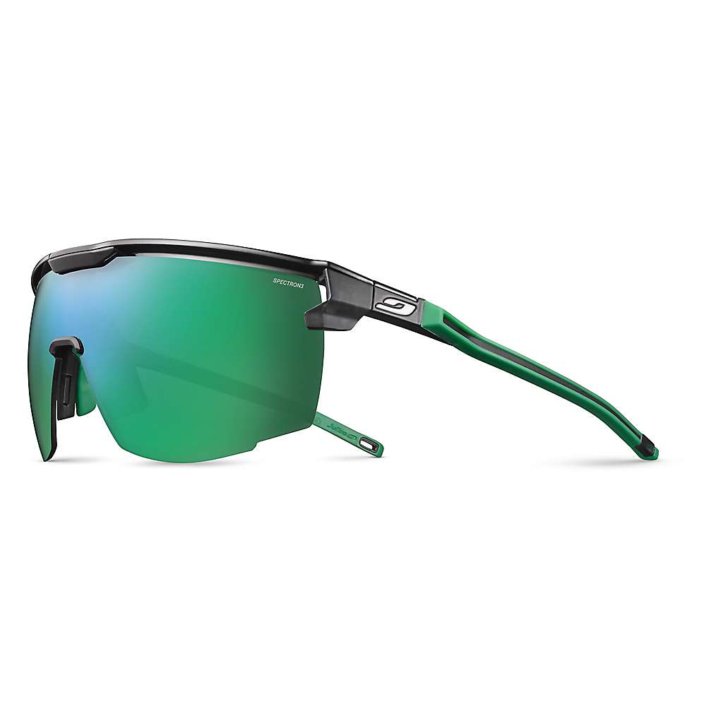 Julbo Ultimate Sunglasses feature a green and black semi-rimless frame with mirrored green lenses, lightweight angular arms for athletic use, adjustable nose pads for comfort, and offer a wide panoramic view.