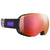 The Julbo Shadow Polarized Goggle features a large, reflective red-orange lens for wide vision, a black frame, and an adjustable strap with leopard print and a purple Julbo logo tag.