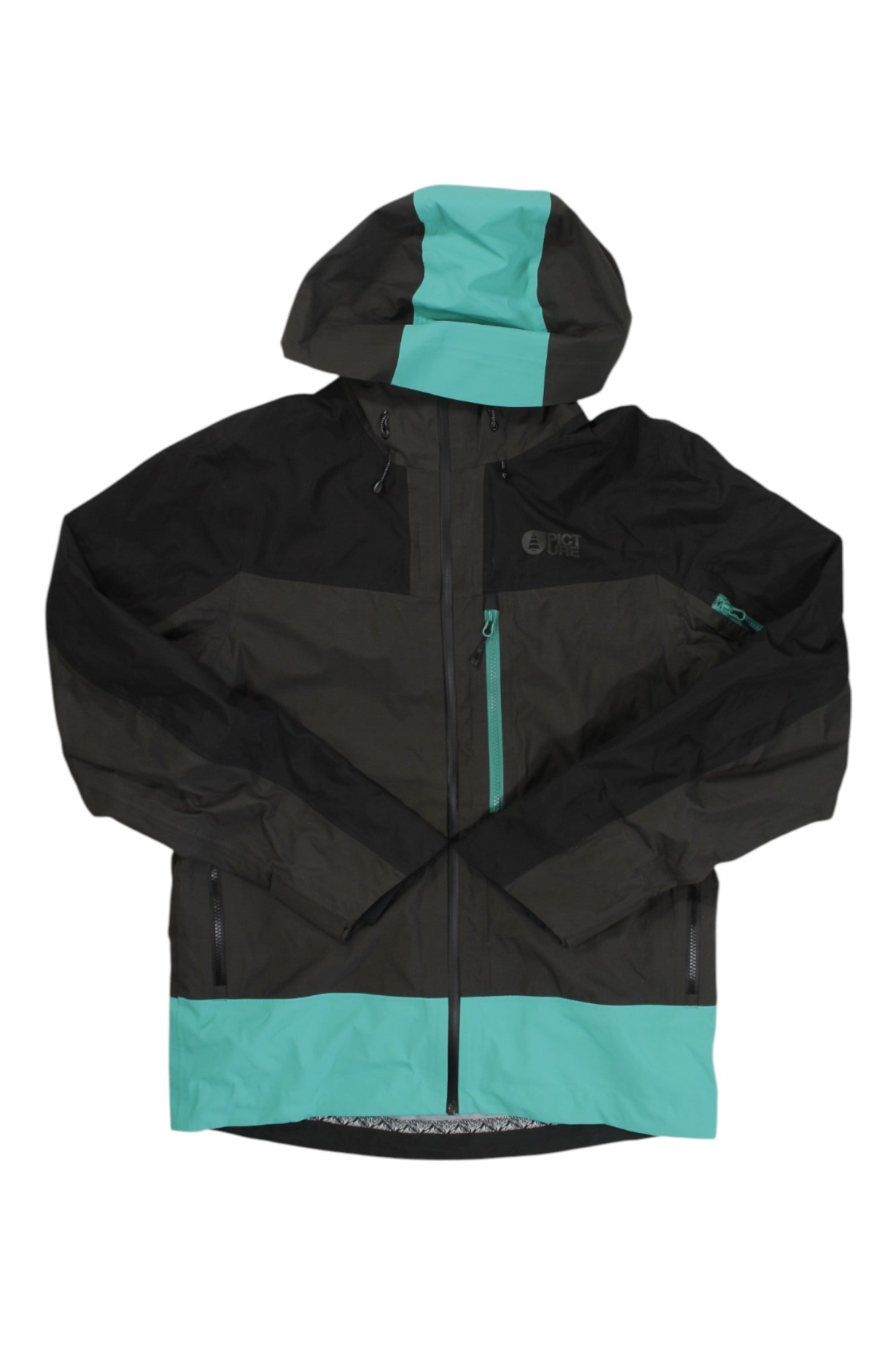 The Picture Mens Broader 3L Jacket is a black and teal freeride hardshell with a teal hood stripe, front pocket zipper, and accents on the hem and cuffs. It features waterproof breathability, a front zipper, and long sleeves.
