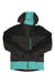 The Picture Mens Broader 3L Jacket is a black and teal freeride hardshell with a teal hood stripe, front pocket zipper, and accents on the hem and cuffs. It features waterproof breathability, a front zipper, and long sleeves.