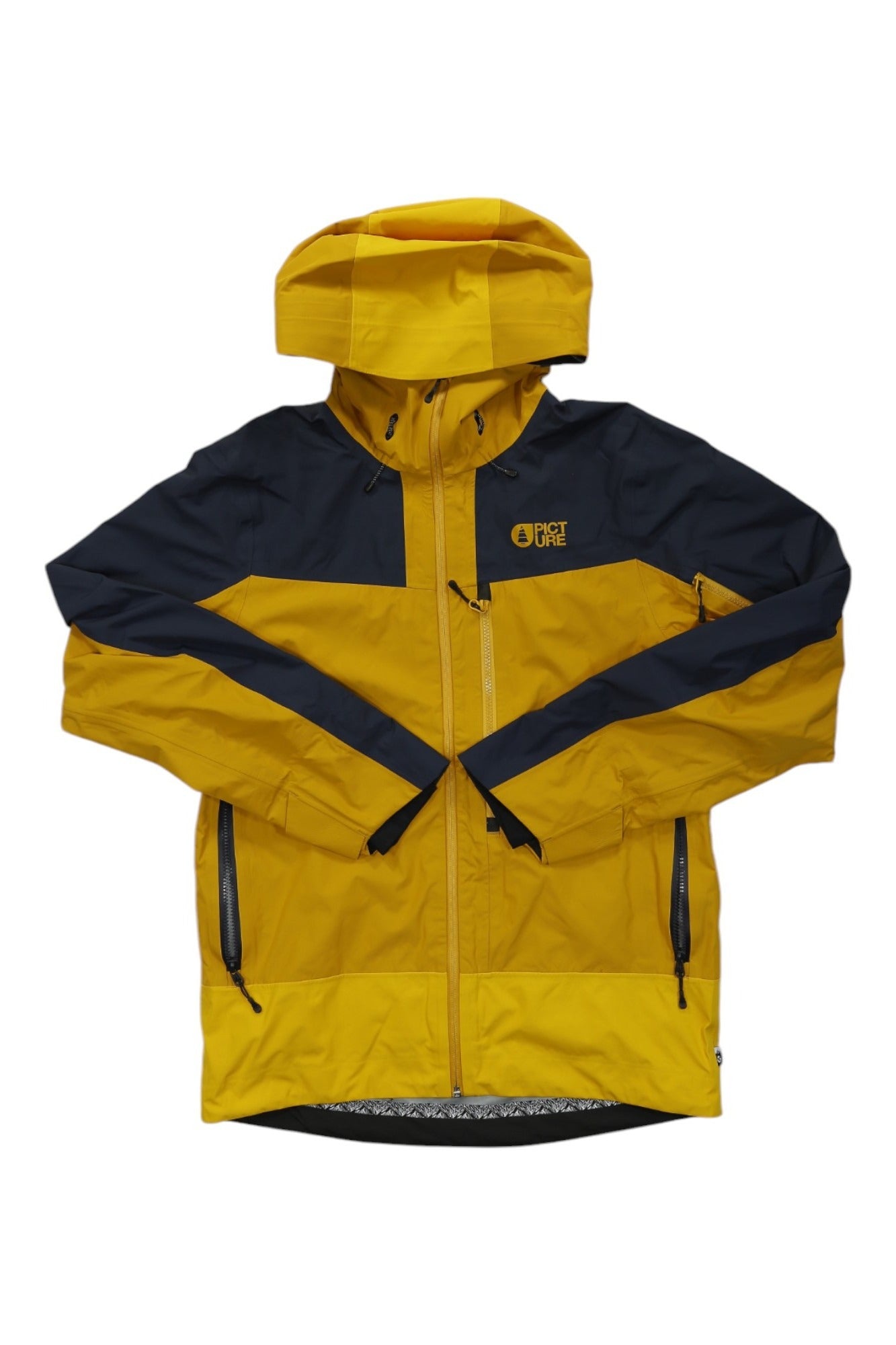 The Picture Men's Broader 3L Jacket, shown in yellow and black with a hood, front zipper, zippered pockets, and Picture logo on the chest, is displayed against a white background.