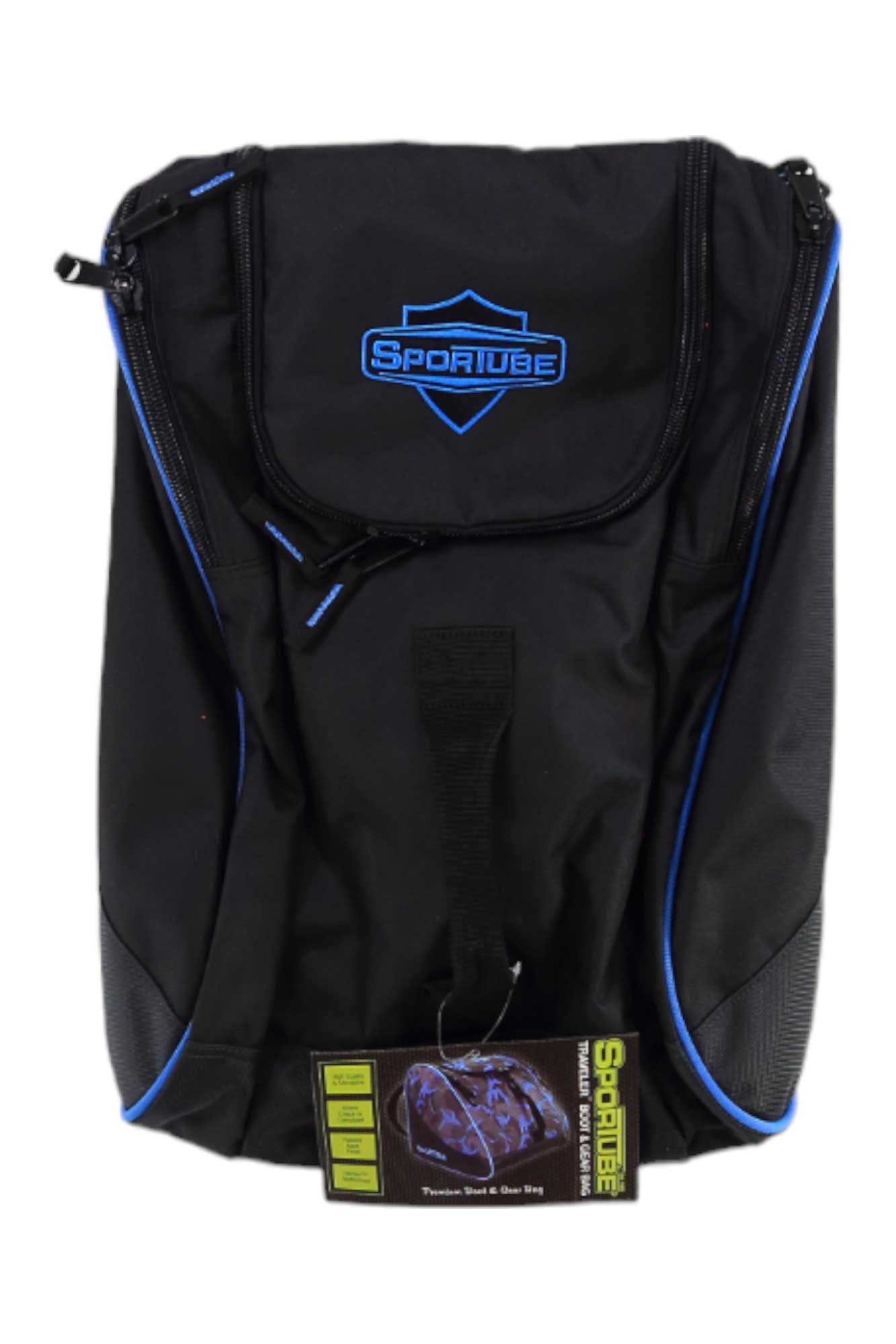 The Sportube Traveler Boot Bag is a black backpack with blue accents, zippered compartments, and a top flap displaying the Sportube logo. Ideal for carrying snowboard or ski boots. A product tag is attached to the front loop at the bottom.