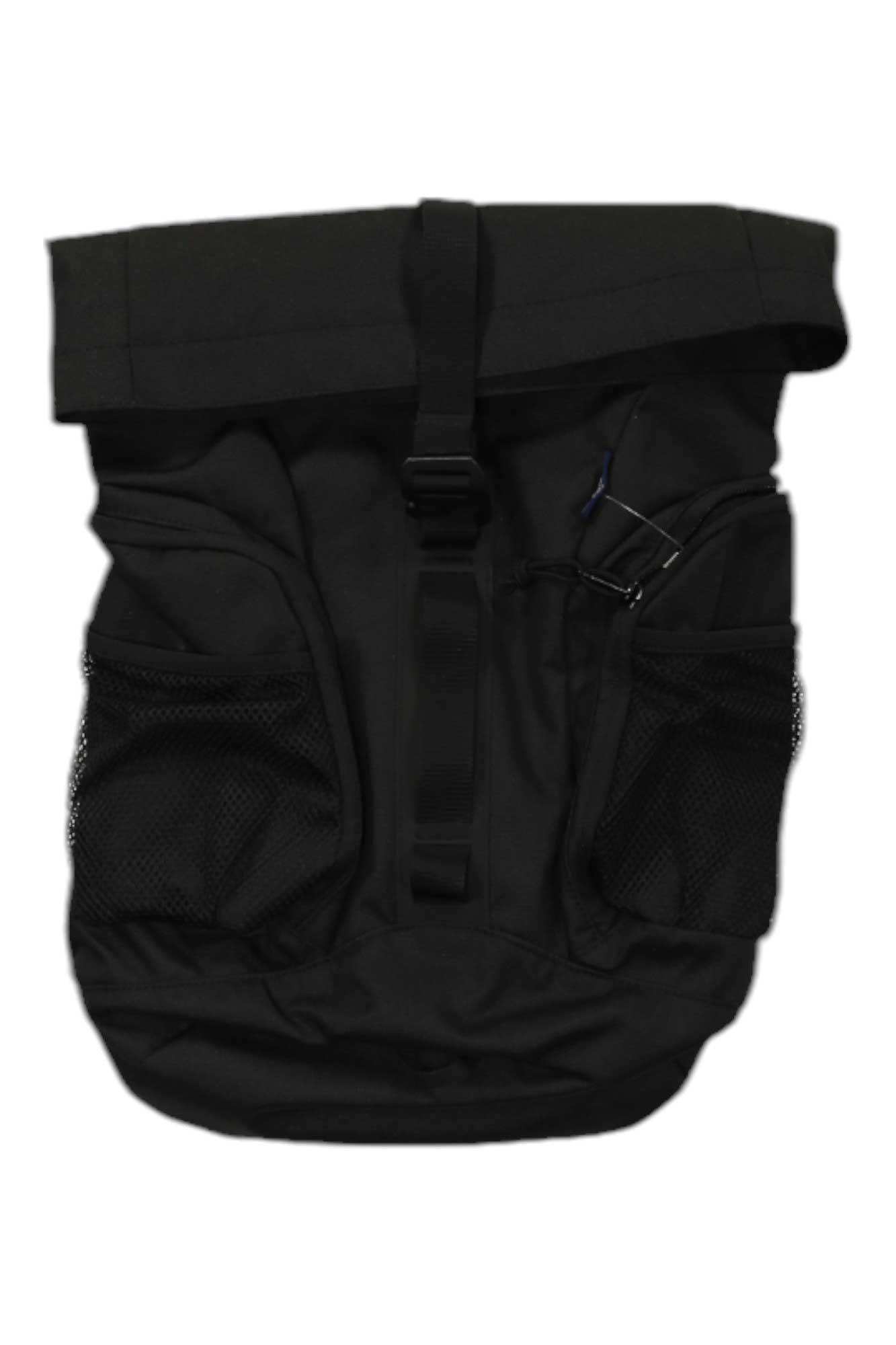 The United By Blue 16L Roll Top is a black, water-resistant backpack with side mesh pockets, front buckle strap closure, and a carabiner—perfect for outdoor adventures.