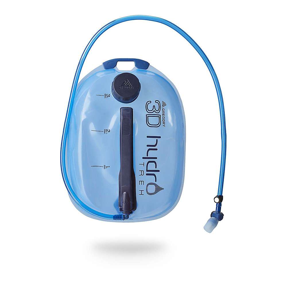 The Gregory 3D Hydro Trek 3L Reservoir is a blue hydration system with a hose, mouthpiece, measurement markings, and wide cap—ideal for outdoor activities like hiking or biking.