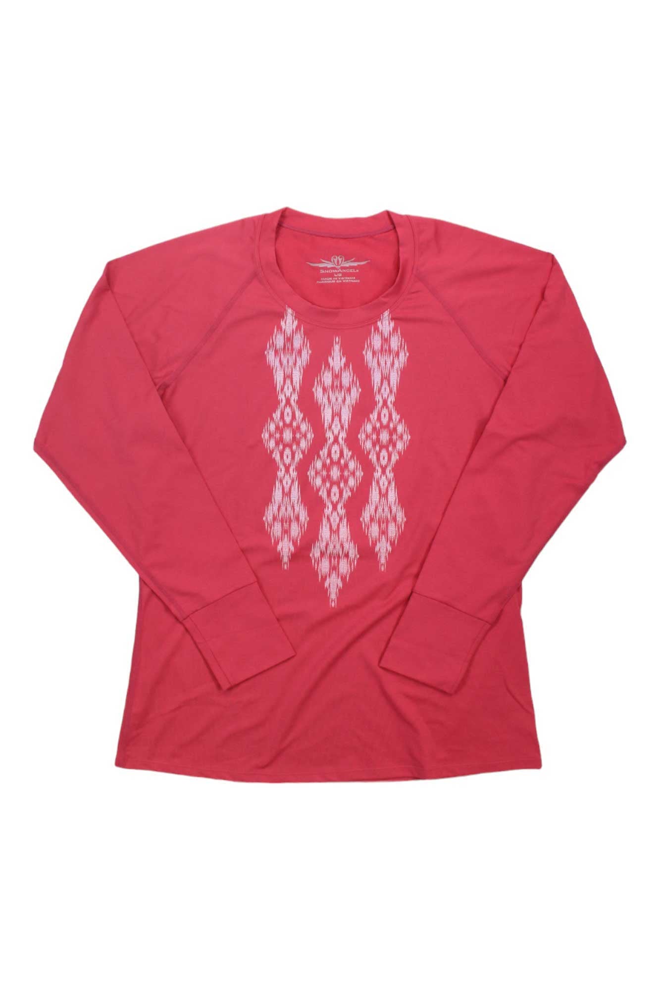 Hot pink long-sleeve scoop top with white ikat-style diamond graphic