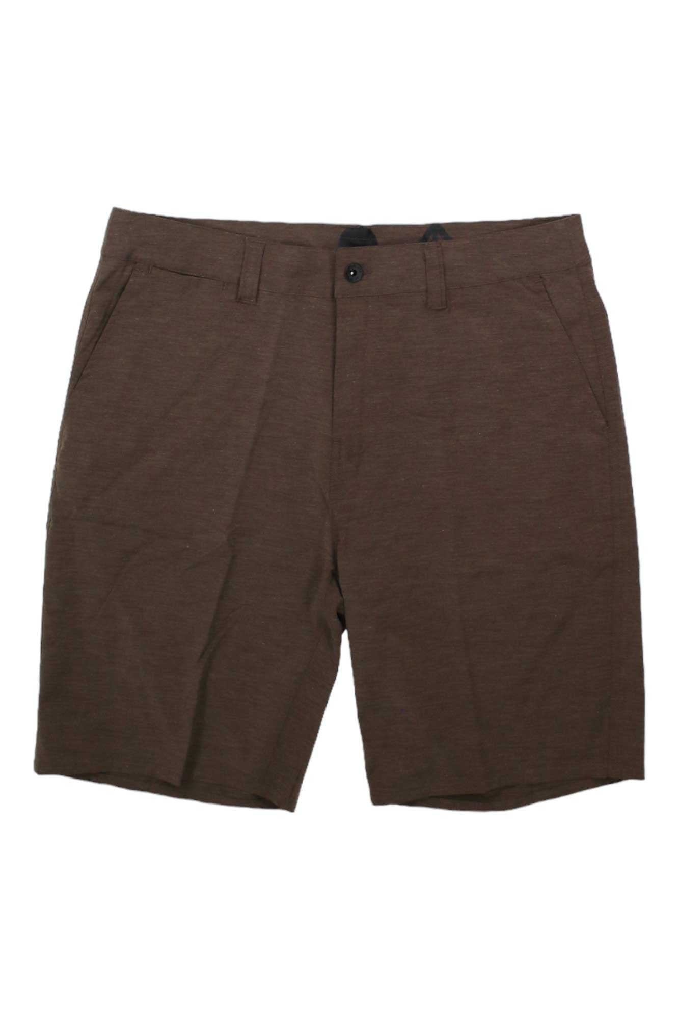 Men's heather brown shorts with button-front placket and side pockets