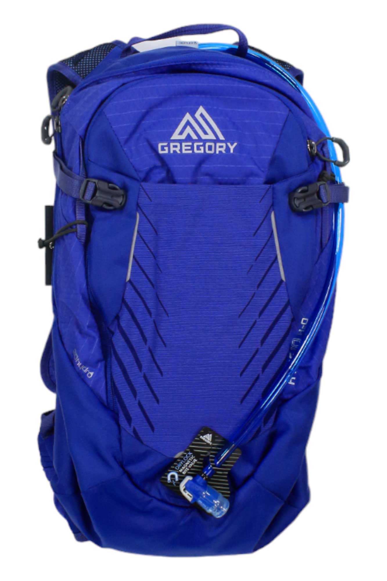 The Gregory Women's Avos 10L H2O Pack is a blue hydration backpack with a tube, multiple zippered compartments, and straps. Ideal for biking, it features the Gregory logo on the front.