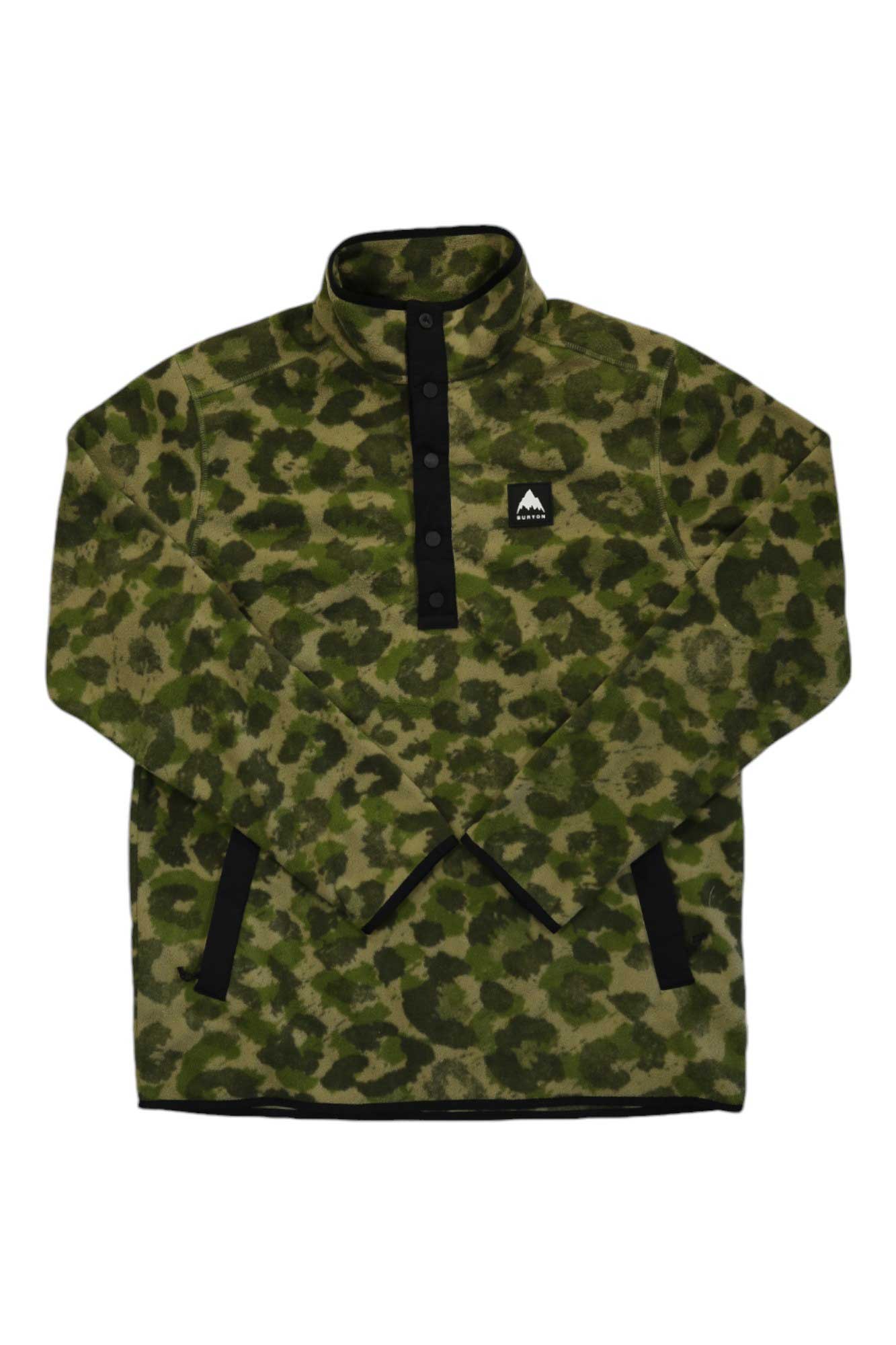 The Burton Mens Hearth Anorak is a green and brown camouflage Polartec fleece pullover made from recycled polyester, featuring black snap buttons, a stand-up collar, two front pockets with black trim, and a black chest logo patch.