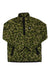 The Burton Mens Hearth Anorak is a green and brown camouflage Polartec fleece pullover made from recycled polyester, featuring black snap buttons, a stand-up collar, two front pockets with black trim, and a black chest logo patch.