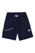 The Mammut Womens Taiss SO Short in navy blue features three zippered pockets, including a white zipper with orange pull and a white mammoth logo on the left leg—ideal for women's outdoor gear collections.