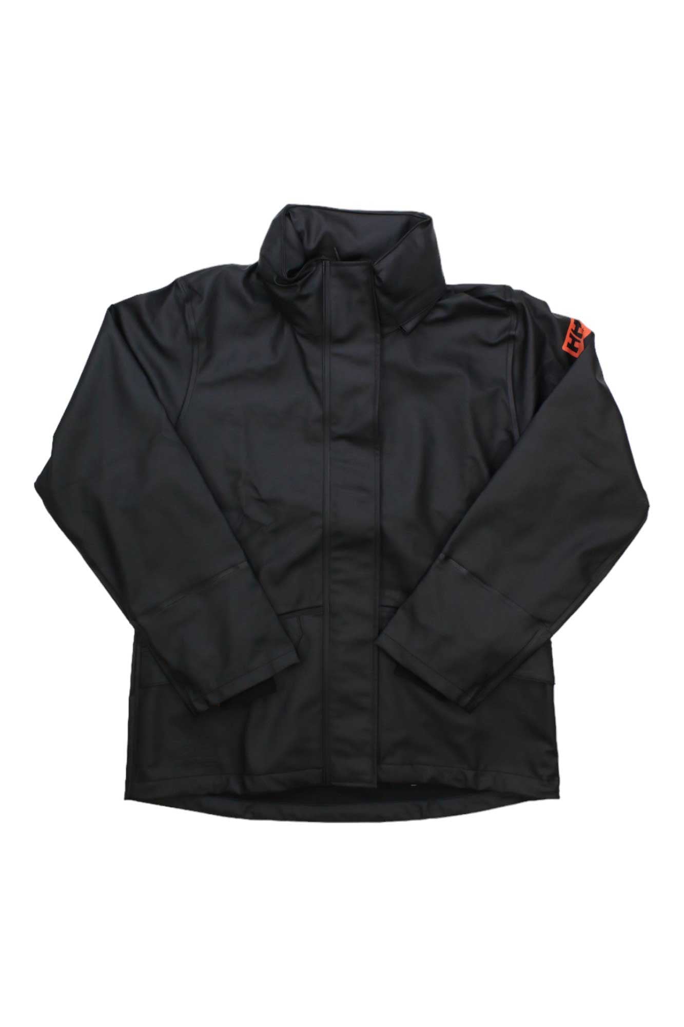 Women’s black rain jacket with full-length zipper and stand collar