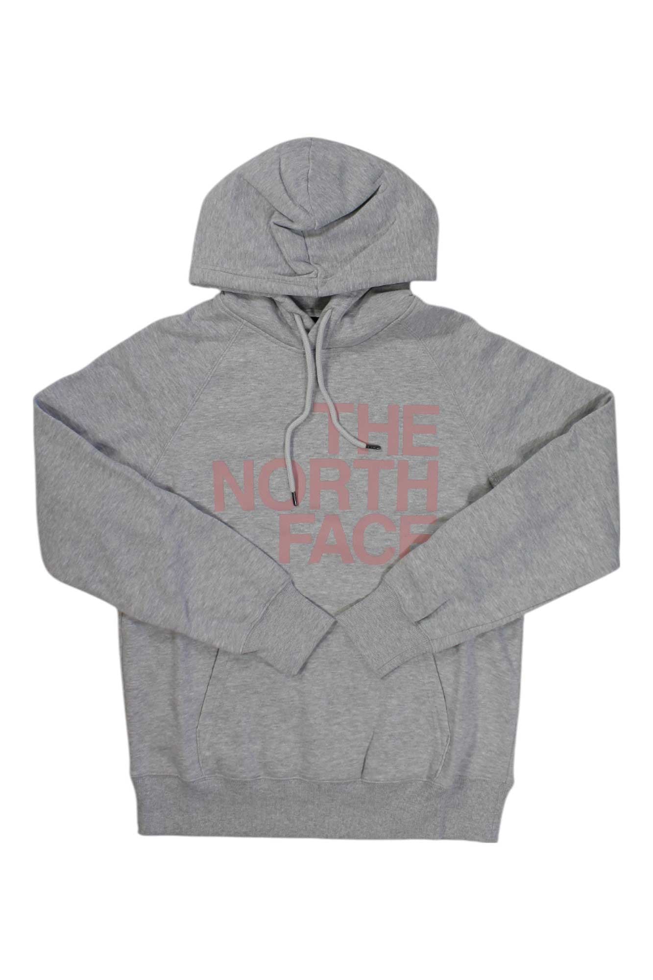 Light gray heather pullover hoodie with The North Face logo, kangaroo pocket, drawcord hood