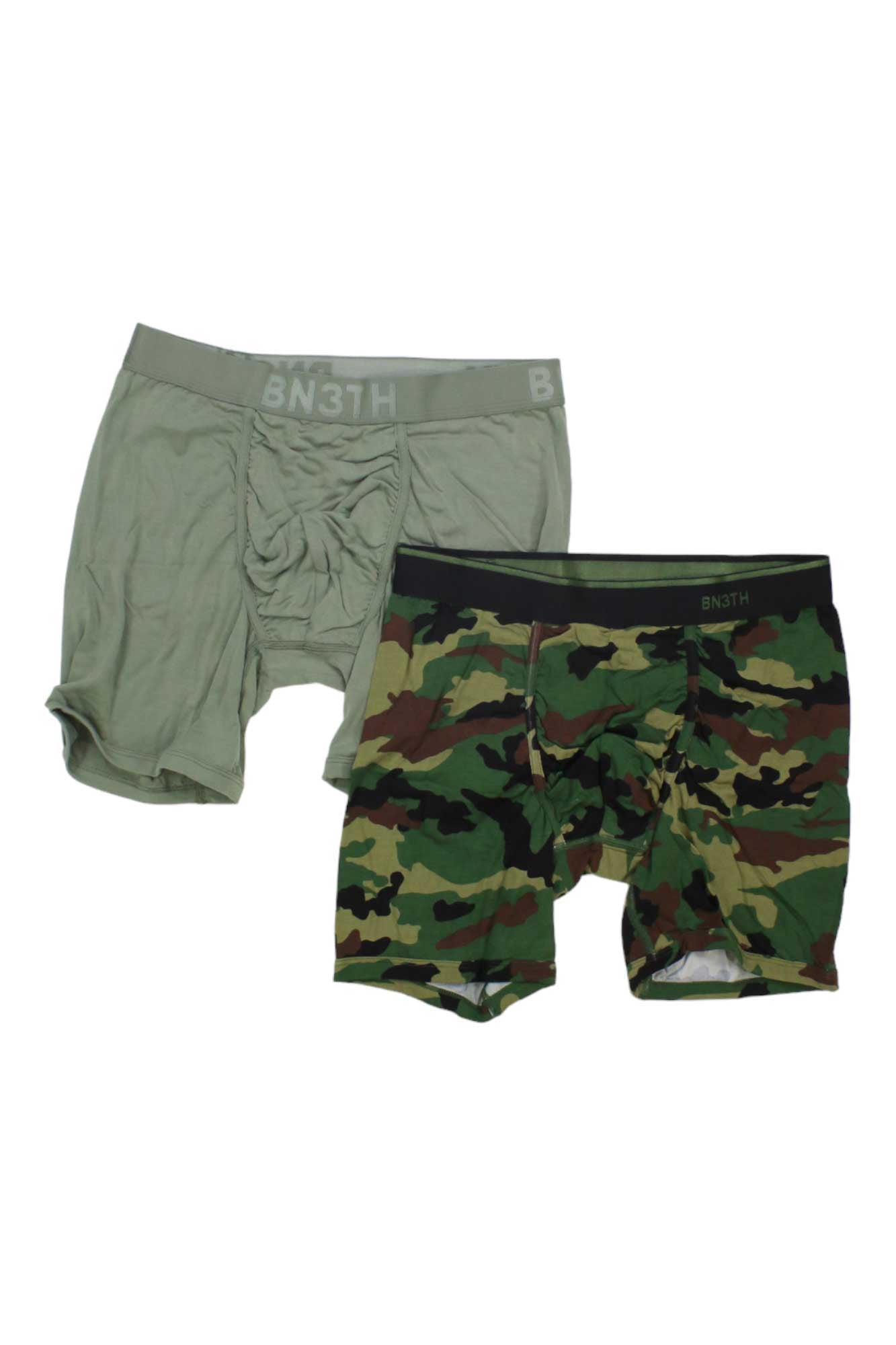 Upgrade your underwear with the BN3TH Men's Classic Solid Boxer Brief 2 Pack: one light green and one camouflage (green, brown, black), both made from soft Tencel modal and featuring branded BN3TH waistbands.