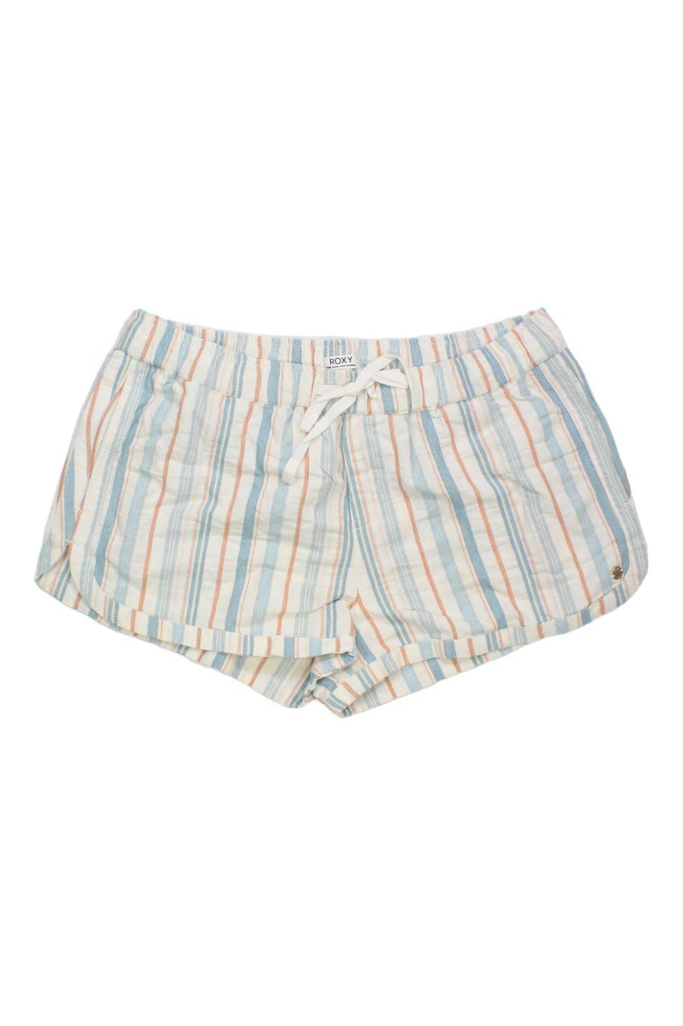 Roxy women's striped drawstring short, light blue and orange vertical stripes