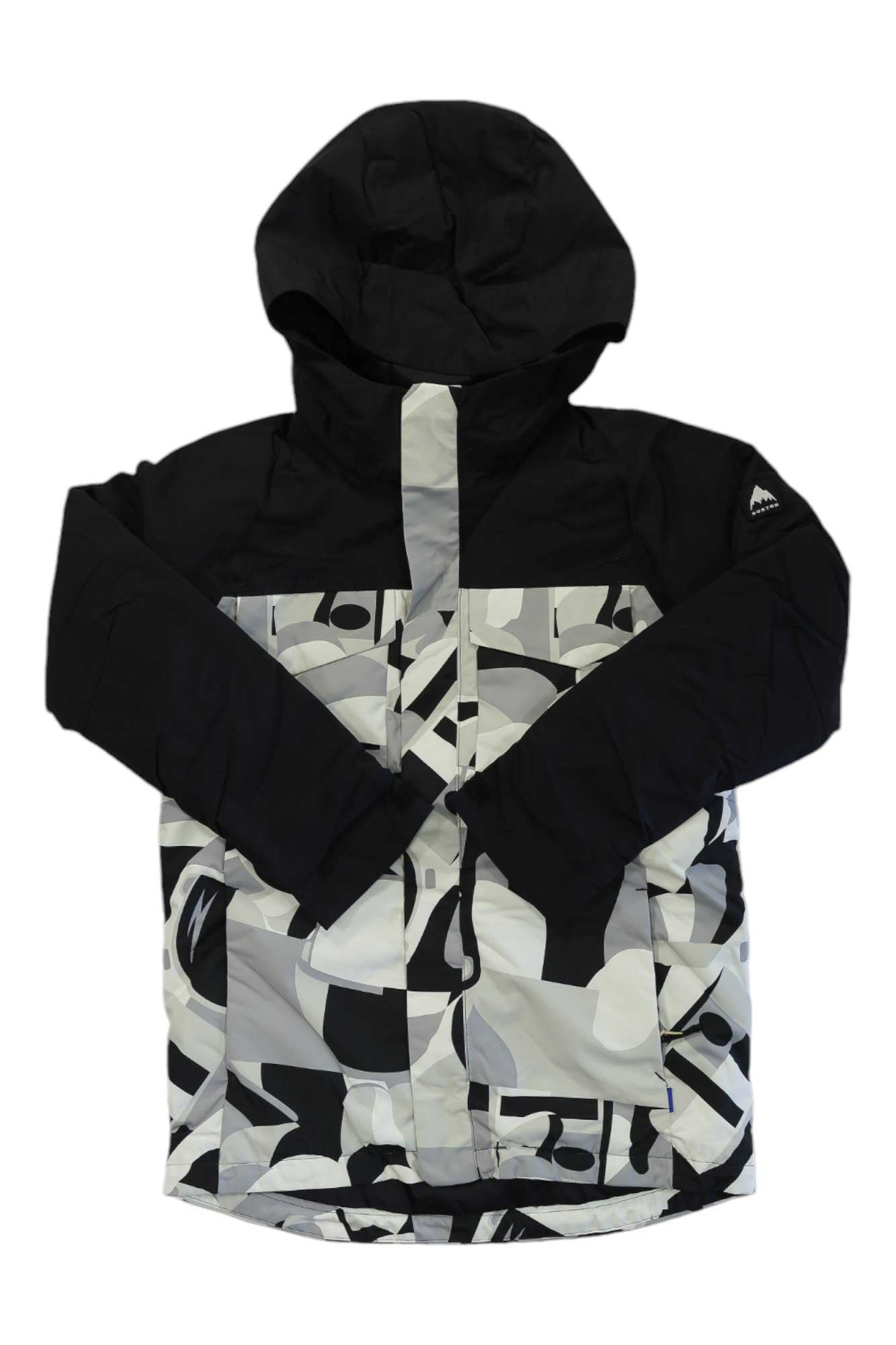 The Burton Boys Covert 2.0 Jacket features a black and white design with geometric patterns on the lower half and sleeves, a solid black upper, front zipper closure, and insulation for warmth and style.