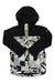 The Burton Boys Covert 2.0 Jacket features a black and white design with geometric patterns on the lower half and sleeves, a solid black upper, front zipper closure, and insulation for warmth and style.