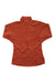A women's Daybreaker Fleece Jacket by Helly Hansen in burnt orange, features long sleeves, a full front zipper, high collar, and two side pockets—crafted from cozy Polartec fleece and laid flat on a white background.