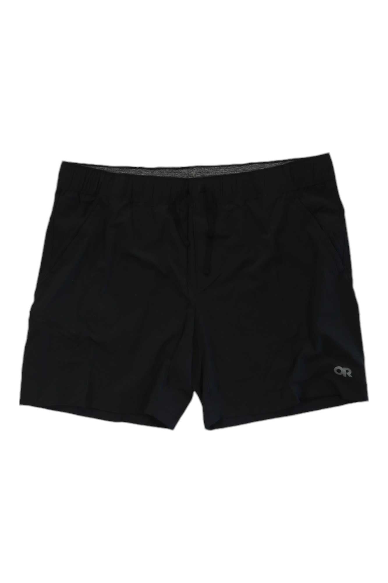 Outdoor Research men's black 7-in running shorts with small OR logo