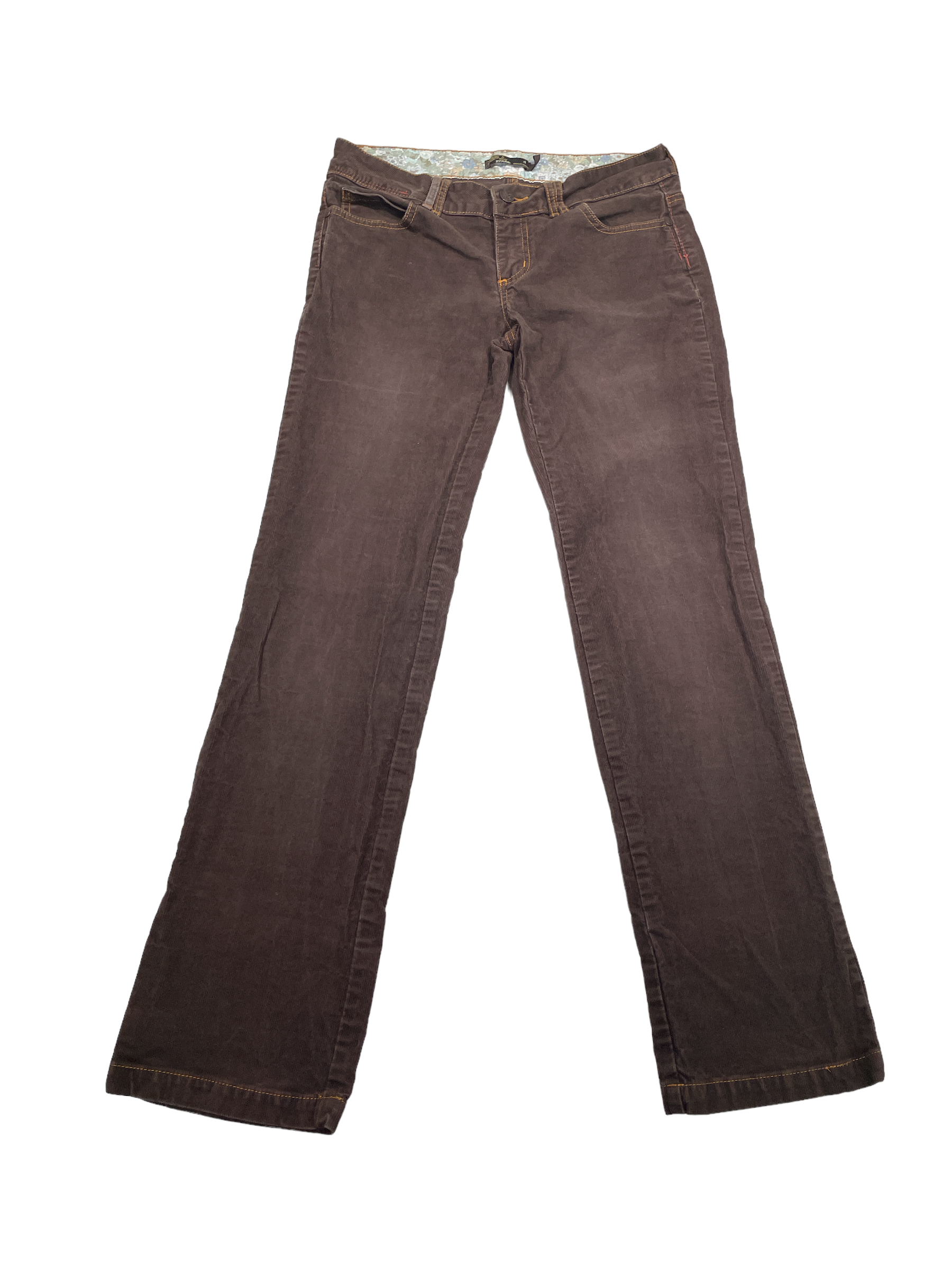 A pair of Prana Women's Canyon Cord Pants in brown with front and back pockets, shown flat on a white background—great for stylish outdoor wear.