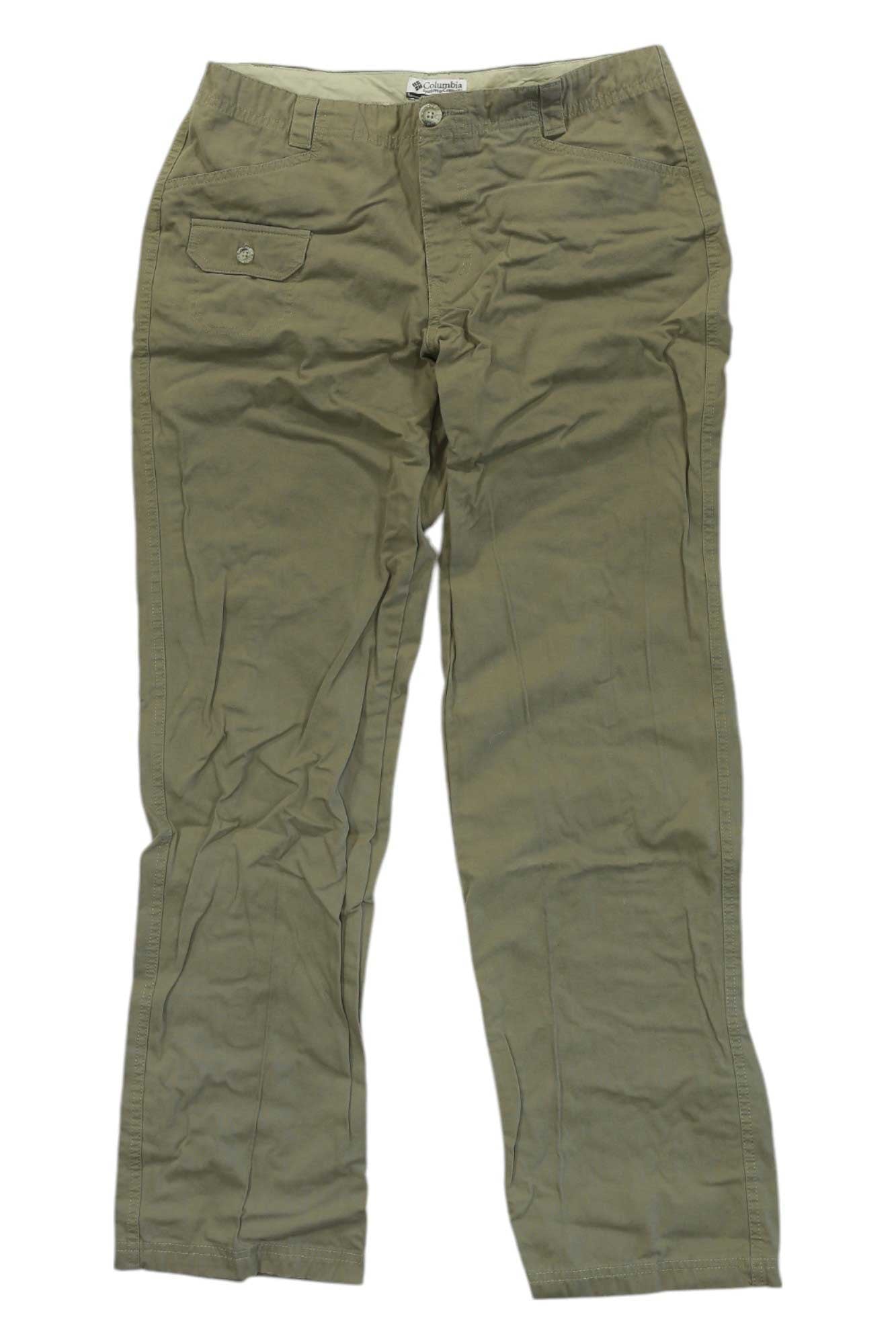 Columbia Womens Khakis Pants in olive green feature a button and zipper closure, two front pockets, and a buttoned back pocket. Displayed flat on a white background, the slightly wrinkled fabric adds to their versatile appeal.