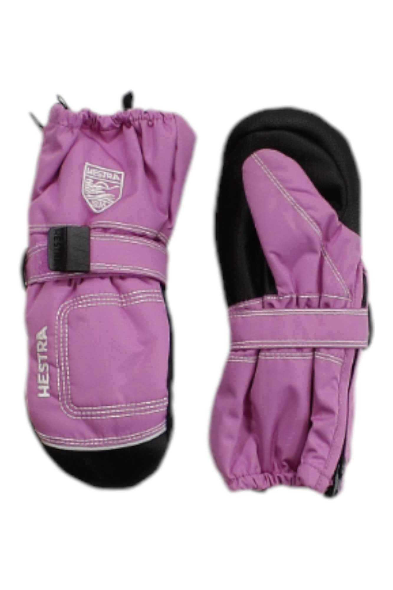 Hestra baby zip long mitts, purple with Velcro cuff and wrist strap
