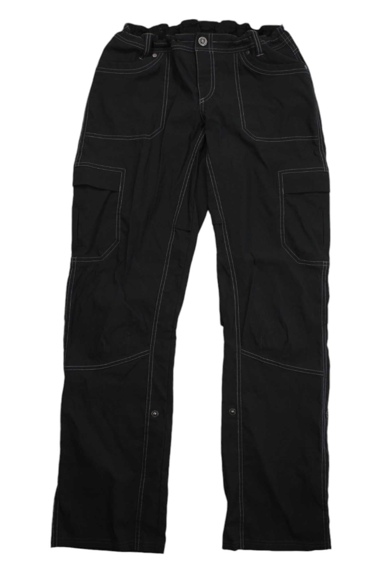 Womens Adjustable Length Pants in black with multiple pockets and white stitching, shown flat on a white background. These cargo pants combine style and function, making them a practical addition to any wardrobe.