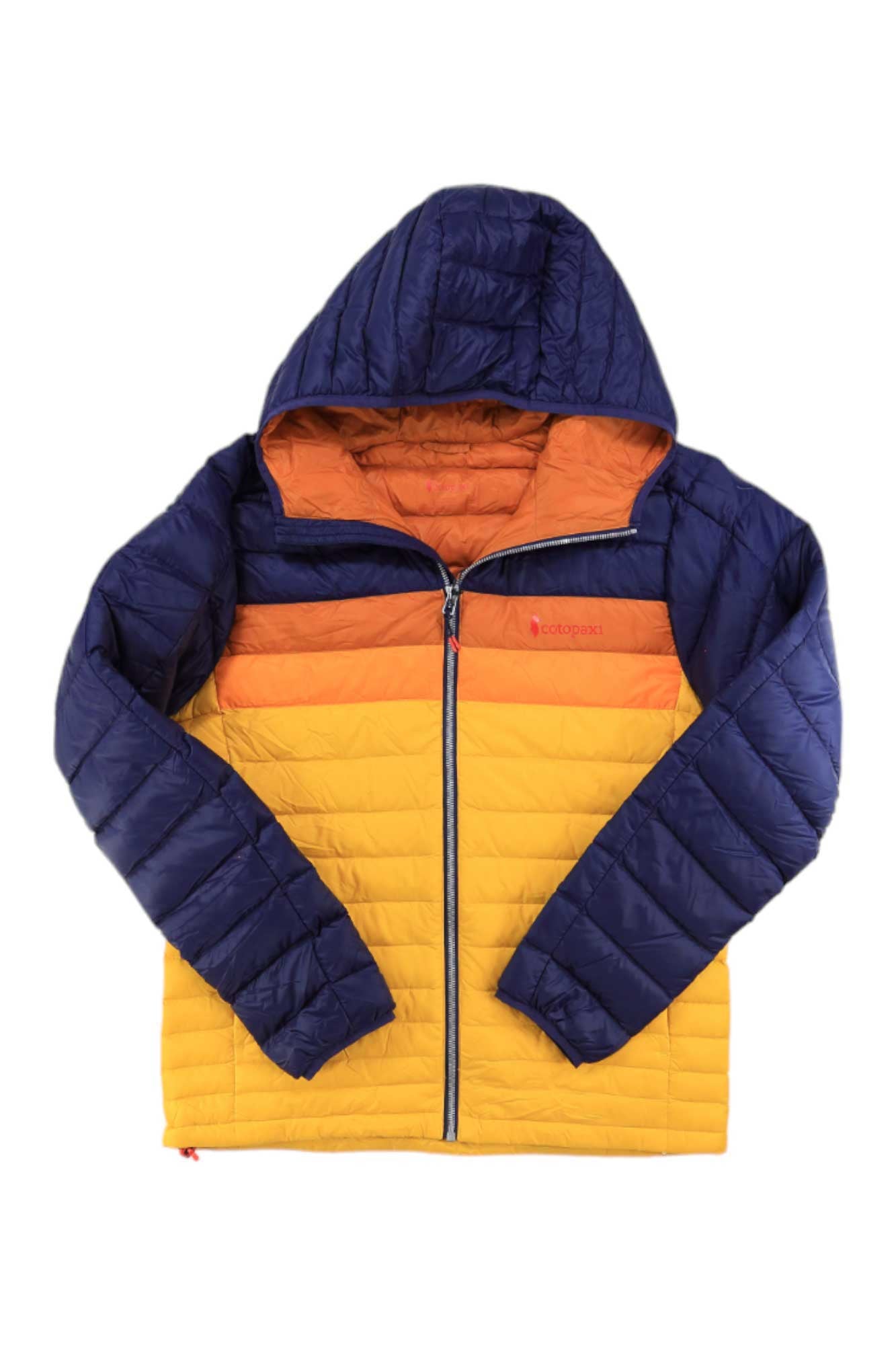 The Cotopaxi Mens Fuego Down Hooded Jacket is water-resistant with a hood, features bold horizontal color blocks in navy, orange, and yellow, and offers 800-fill down insulation, a front zipper, and long sleeves for cozy warmth.