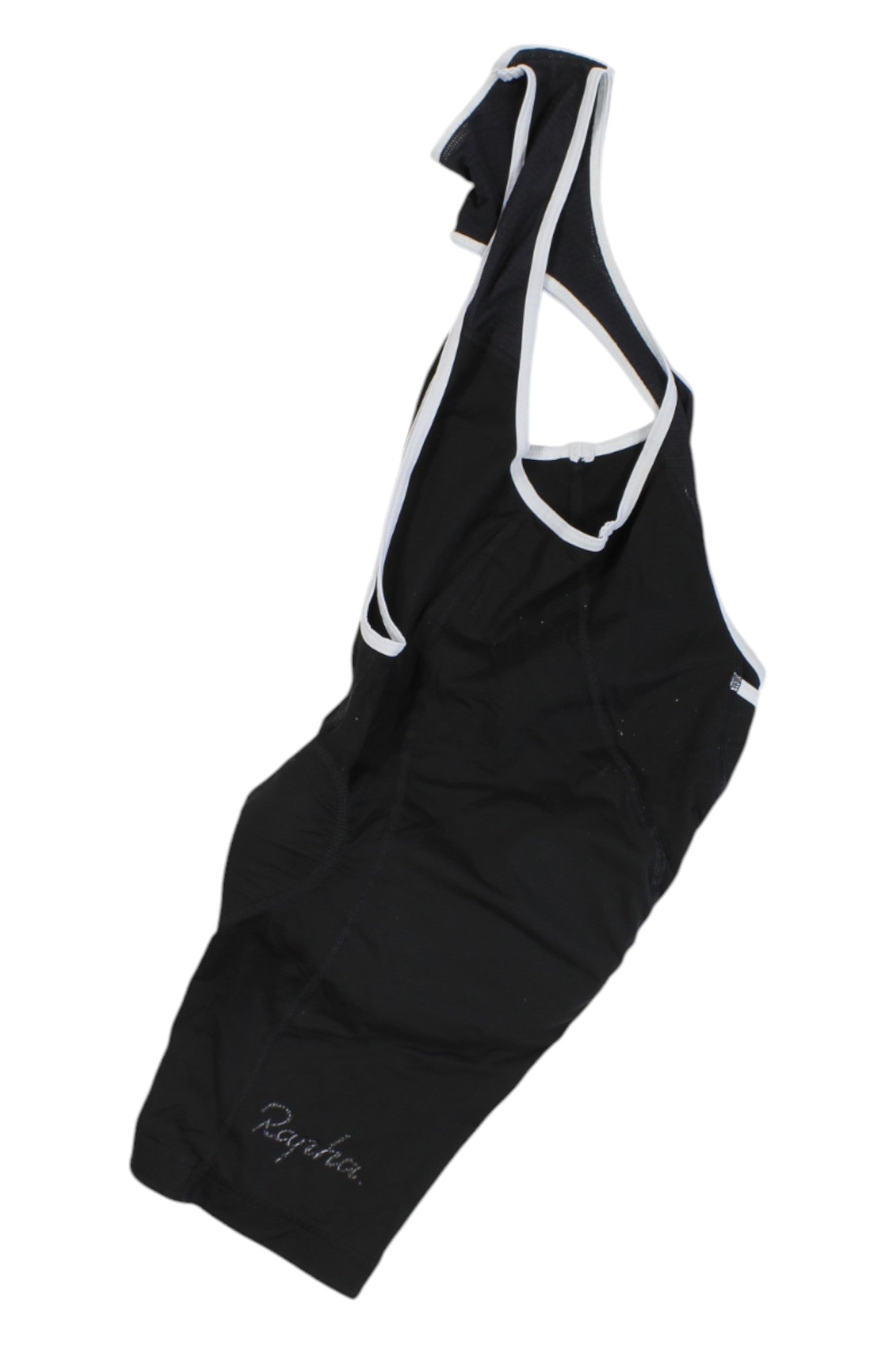 Black cycling bib shorts with white trim and blue accent on bib straps