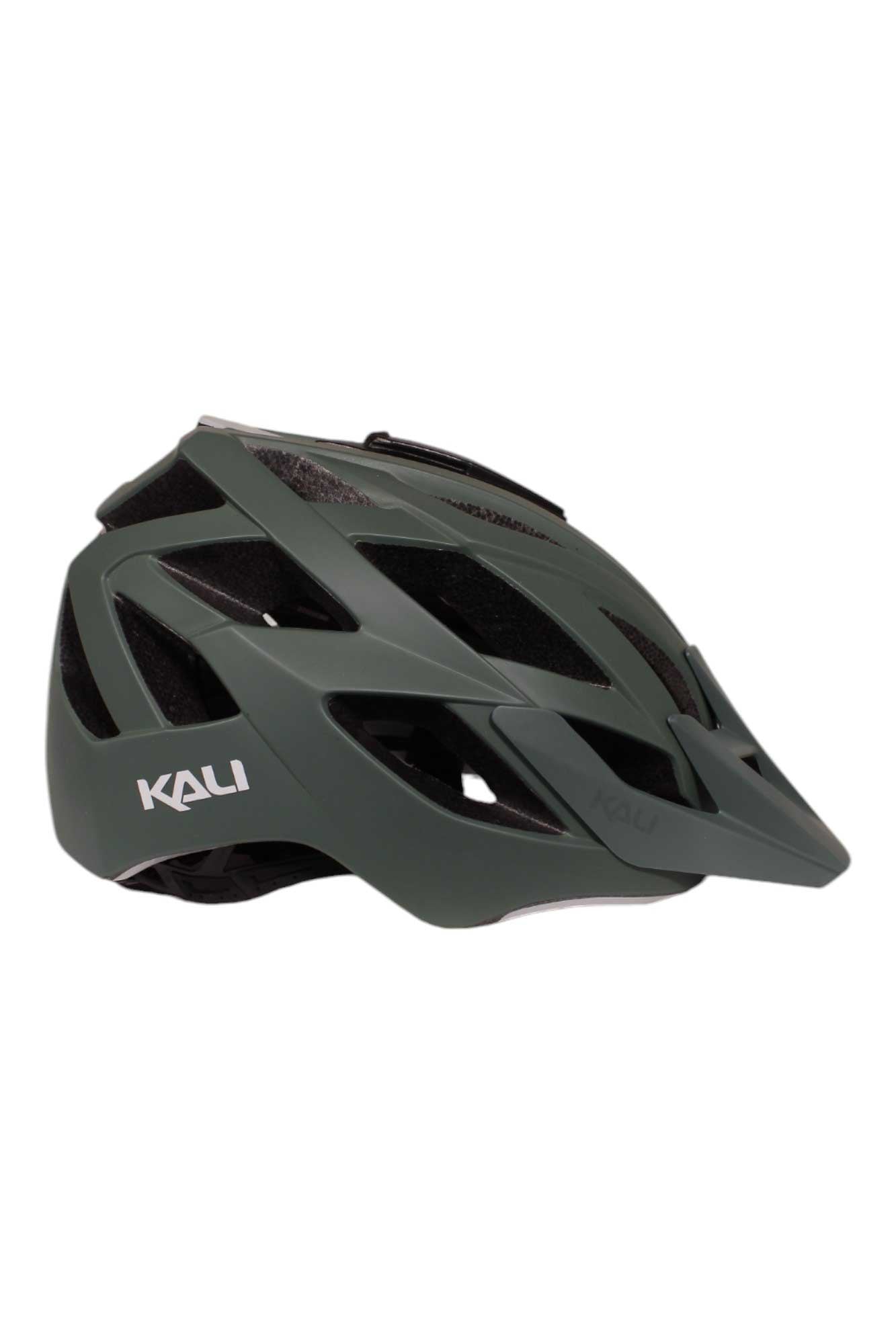 The Kali Protectives Lunati Helmet is a matte dark green mountain bike helmet with multiple ventilation slots, a front visor, and a white KALI logo—ideal for cycling safety on your next outdoor adventure.