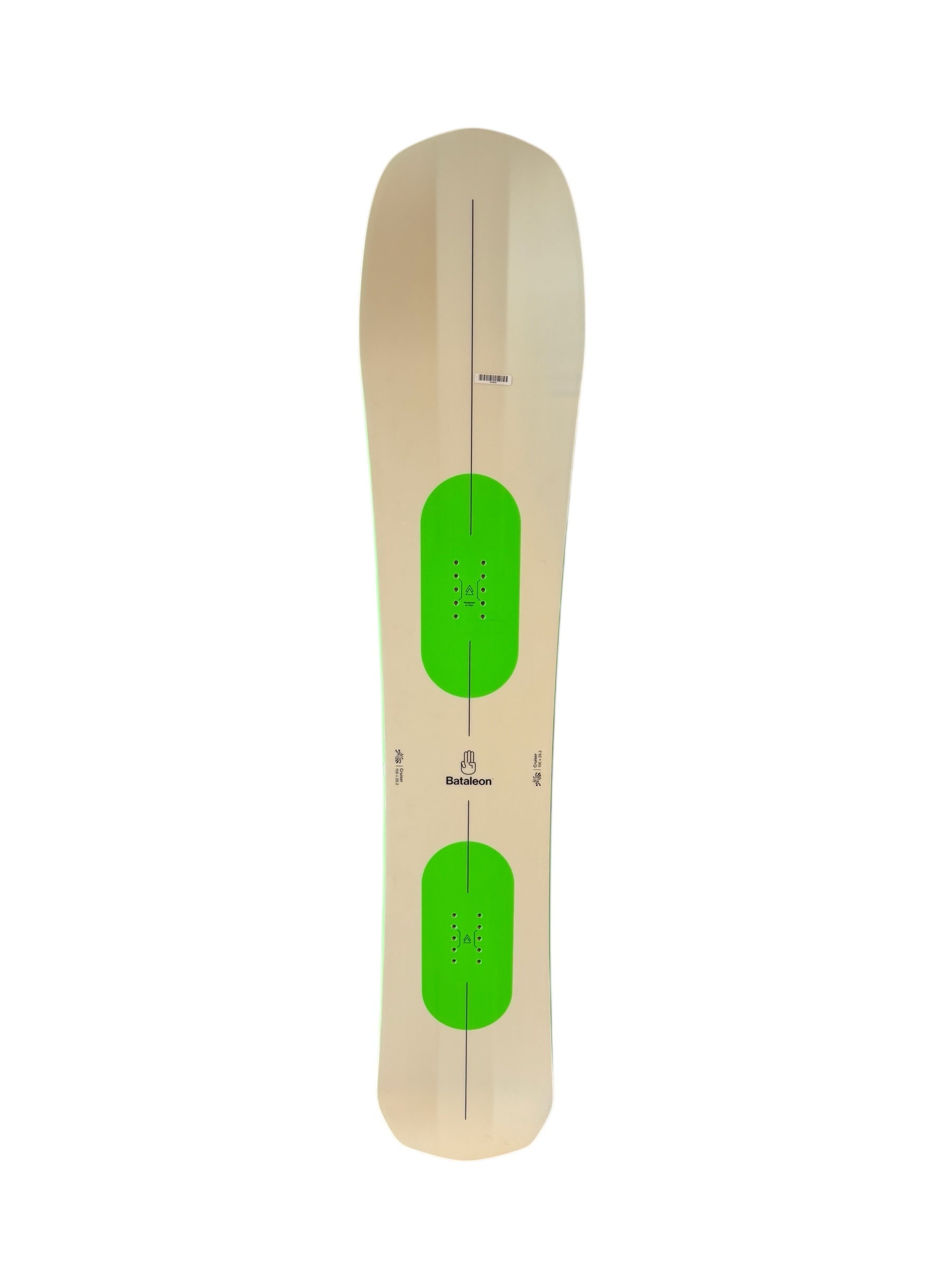 The Bataleon Cruiser+ Snowboard is an all-mountain board with a beige and white design, two large green rectangles at the center, vertical black lines, binding mounting holes, and features Triple Base Technology.
