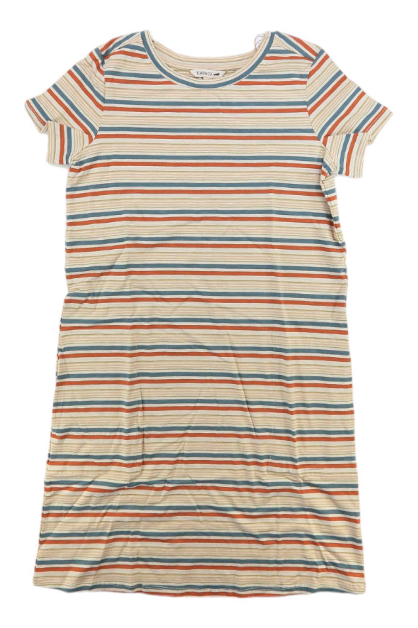 The Toad & Co Womens Windmere II SS Dress is a knee-length, eco-friendly short sleeve dress in organic cotton, with blue, red, and yellow horizontal stripes on a cream background, shown laid flat on a white surface.