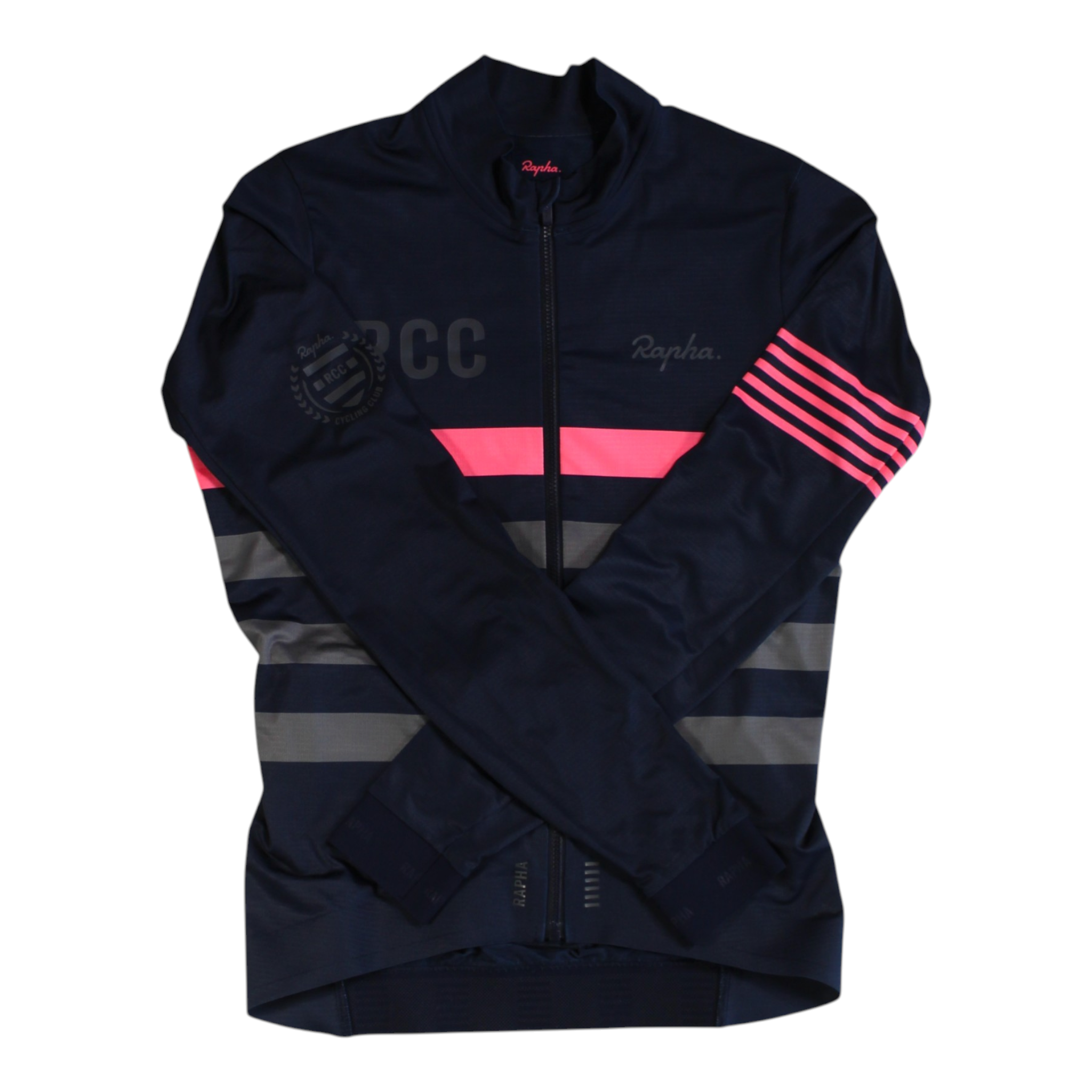 Navy long-sleeve cycling jersey with full front zipper and pink/gray stripe accents